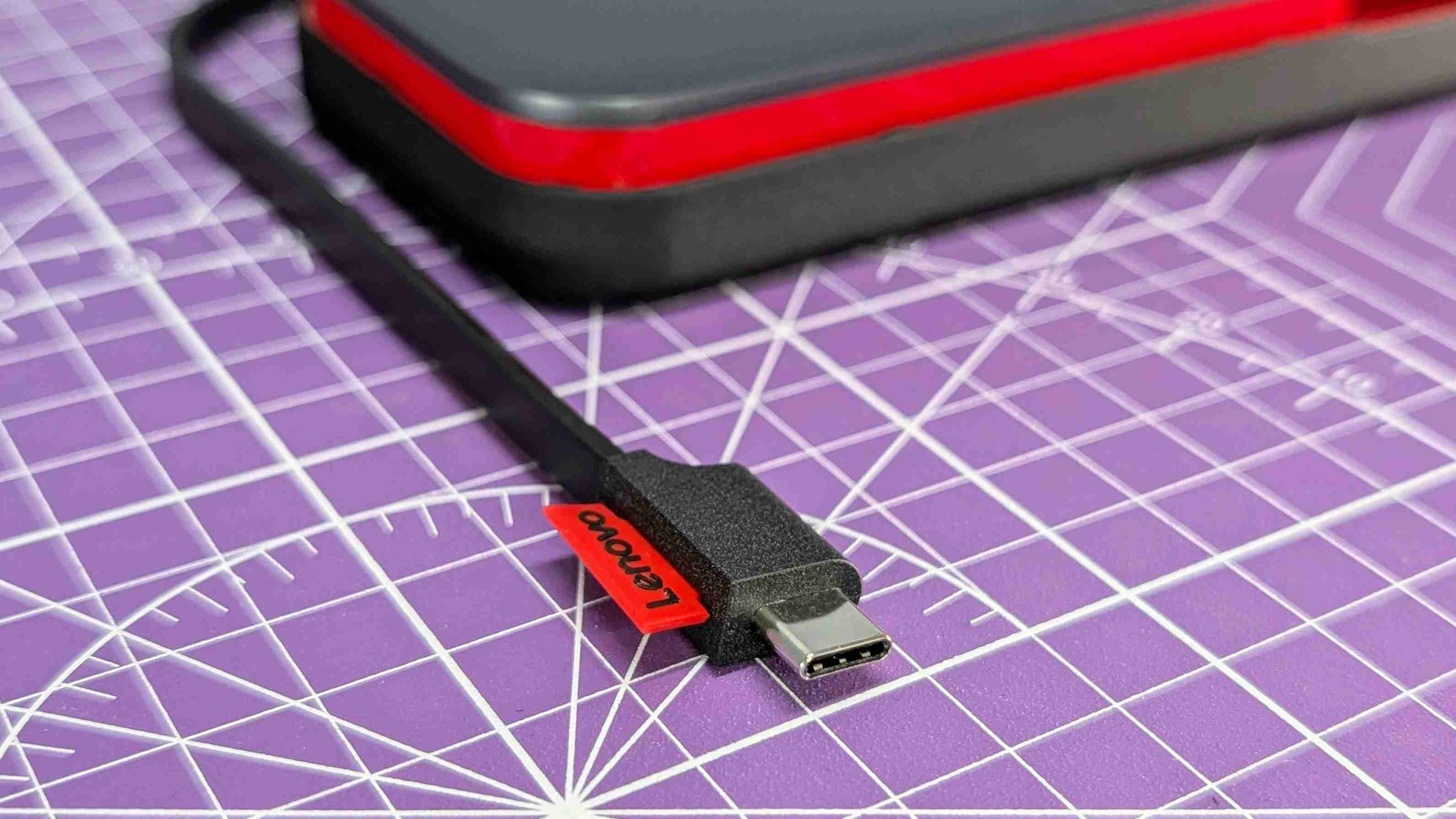 Close-up of the Lenovo Go built-in USB-C cable connector.