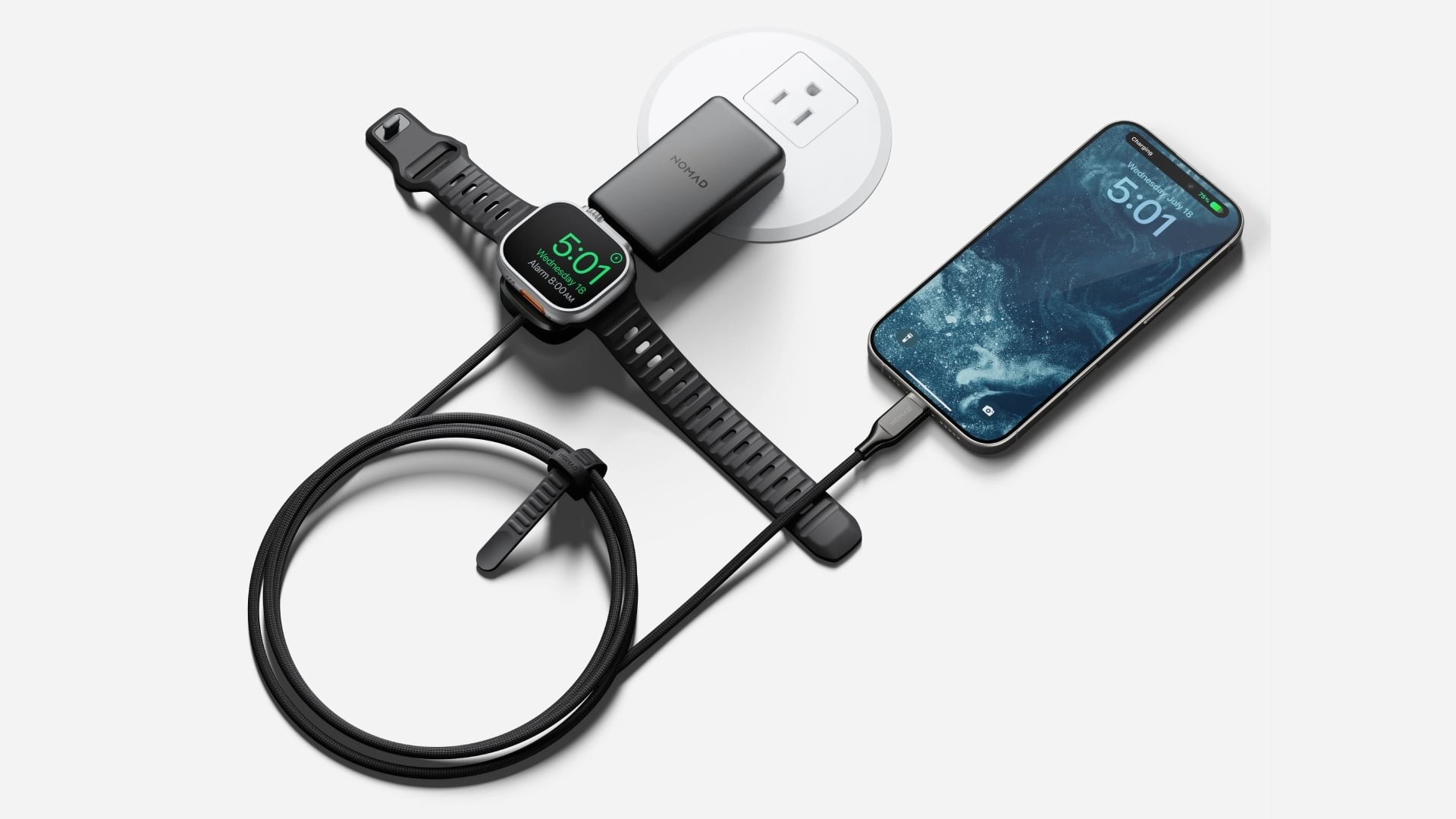 A product image shows the integrated watch puck beside a USB-C phone connection.