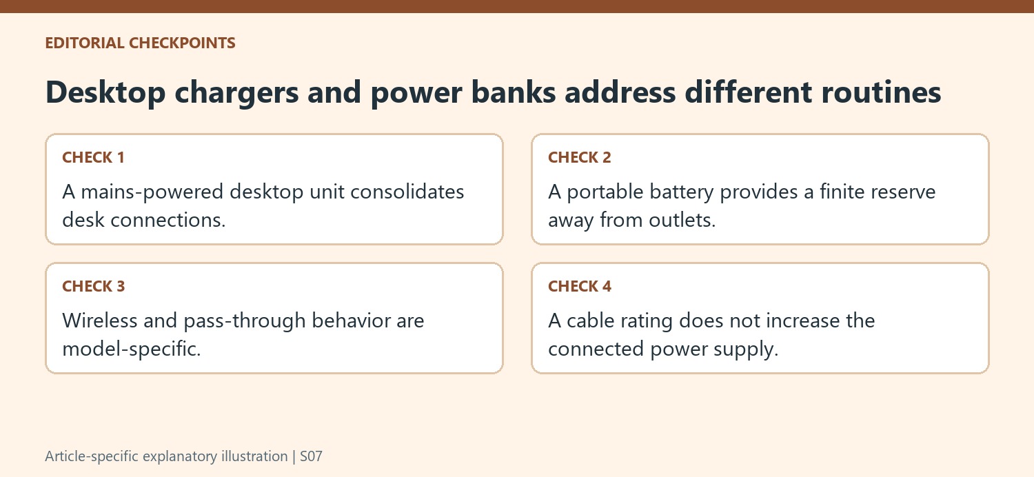 Desktop chargers and power banks address different routines