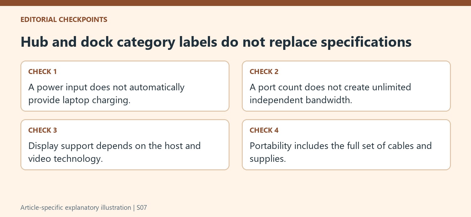 Hub and dock category labels do not replace specifications